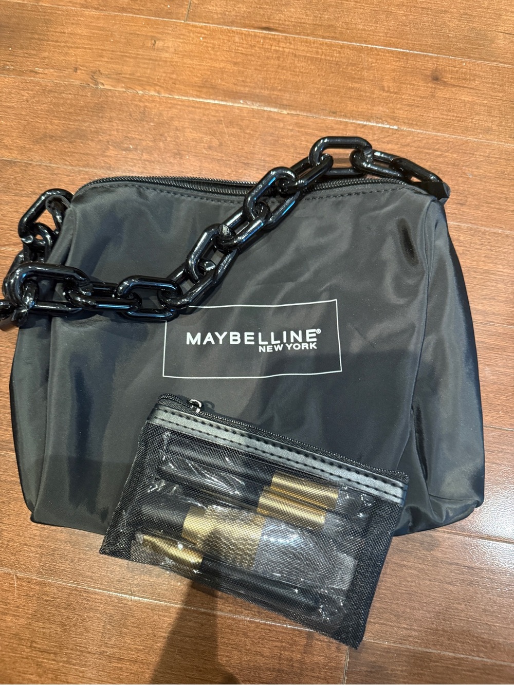 Maybelline Black Nylon Cosmetic Bag with Chain Handle with makeup brush set